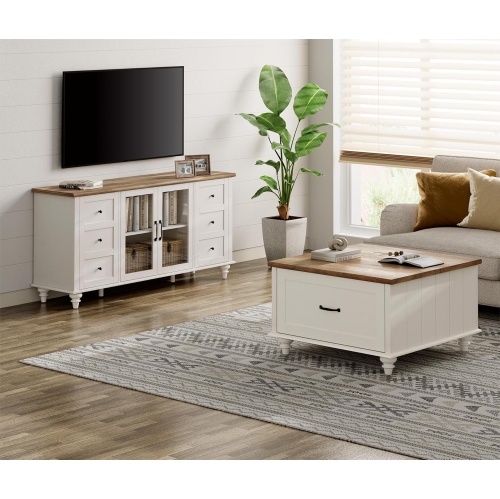 WAMPAT Farmhouse TV Stand and Coffee Table Set of 2, Square Coffee Table with Lift Top & Drawer, White Entertainment Center for 70 Inch TV, 2 Piece