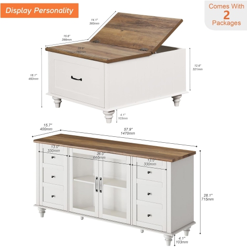 WAMPAT Farmhouse TV Stand and Coffee Table Set of 2, Square Coffee Table with Lift Top & Drawer, White Entertainment Center for 70 Inch TV, 2 Piece