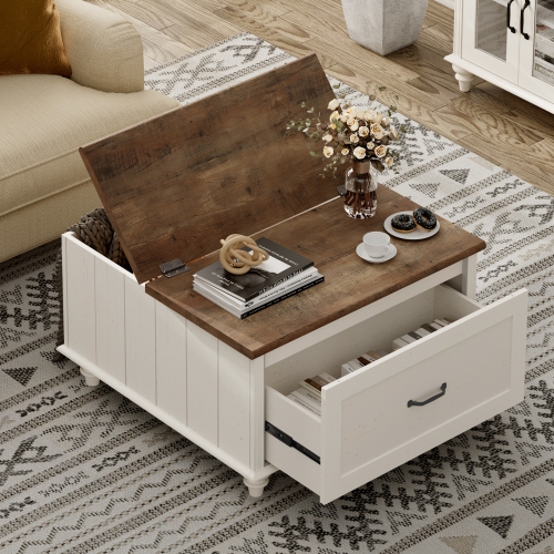 WAMPAT Farmhouse TV Stand and Coffee Table Set of 2, Square Coffee Table with Lift Top & Drawer, White Entertainment Center for 70 Inch TV, 2 Piece