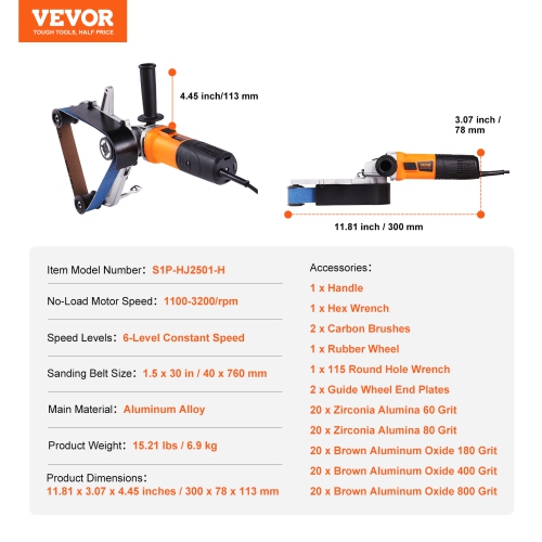 VEVOR 1000W Pipe Belt Polisher Sander with 6 Variable Speeds 1100-3200rpm,Professional Belt Sander Grinding Machine with 100PCS Sanding Belts for