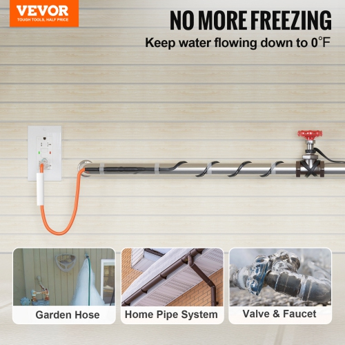 VEVOR 12FT Pipe Heating Cable, 5W/FT Heat Tape for Pipes Freeze Protection, Water Pipe Heat Cable with Built-in Thermostat Protects PVC Hose, Metal