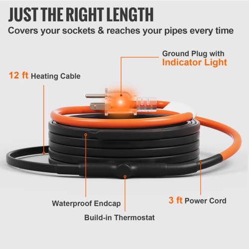 VEVOR 12FT Pipe Heating Cable, 5W/FT Heat Tape for Pipes Freeze Protection, Water Pipe Heat Cable with Built-in Thermostat Protects PVC Hose, Metal