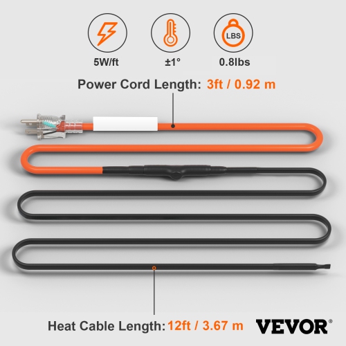 VEVOR 12FT Pipe Heating Cable, 5W/FT Heat Tape for Pipes Freeze Protection, Water Pipe Heat Cable with Built-in Thermostat Protects PVC Hose, Metal