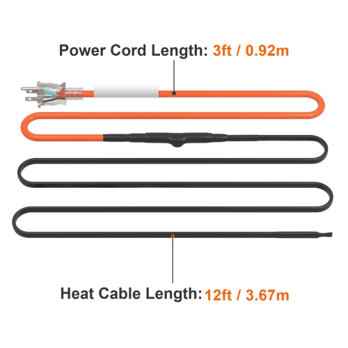 VEVOR 12FT Pipe Heating Cable, 5W/FT Heat Tape for Pipes Freeze Protection, Water Pipe Heat Cable with Built-in Thermostat Protects PVC Hose, Metal