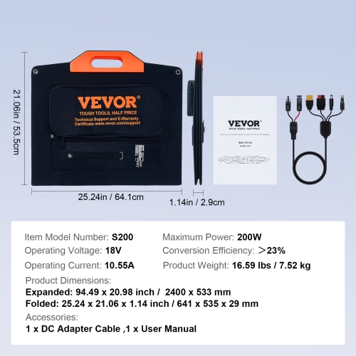VEVOR 200W Monocrystalline Solar Panel, Monocrystalline ETFE Charger, 23% Efficiency Solar Panel with MC4 Output, IP67 Waterproof for Power Stations,