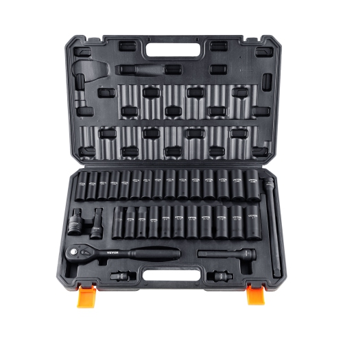 VEVOR 1/2" Drive Impact Socket Set, 33 Piece Socket Set SAE 3/8"-1" and Metric 10-24mm, 6 Point Cr-V Alloy Steel for Auto Repair, Easy-to-Read Size