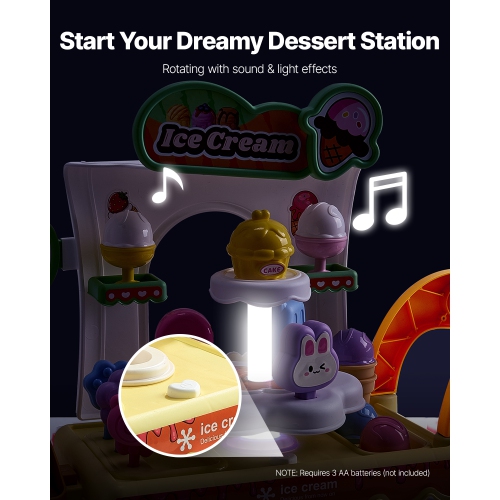 VEVOR 27 PCS Accessories Ice Cream Cart for Kids, Pretend Play Store with Storage Trolley with Pretend Money, Sound & Light Effects, Montessori