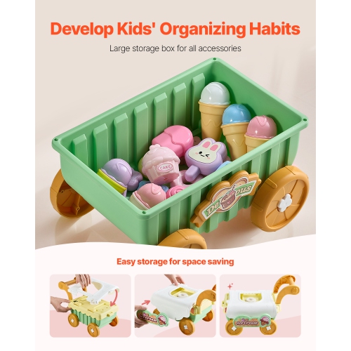 VEVOR 27 PCS Accessories Ice Cream Cart for Kids, Pretend Play Store with Storage Trolley with Pretend Money, Sound & Light Effects, Montessori