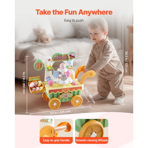 VEVOR 27 PCS Accessories Ice Cream Cart for Kids, Pretend Play Store with Storage Trolley with Pretend Money, Sound & Light Effects, Montessori