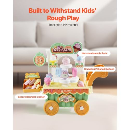 VEVOR 27 PCS Accessories Ice Cream Cart for Kids, Pretend Play Store with Storage Trolley with Pretend Money, Sound & Light Effects, Montessori