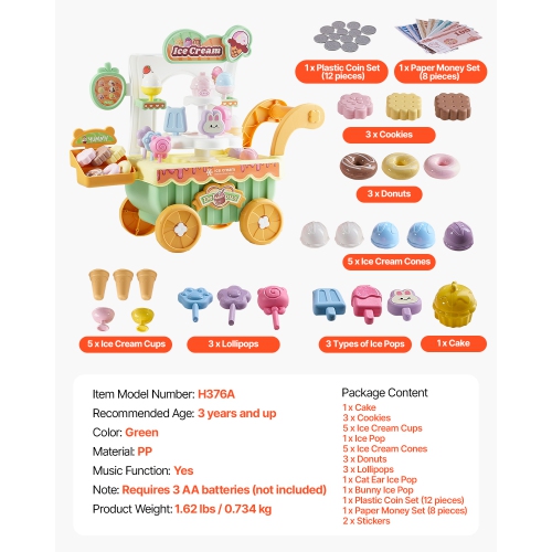 VEVOR 27 PCS Accessories Ice Cream Cart for Kids, Pretend Play Store with Storage Trolley with Pretend Money, Sound & Light Effects, Montessori
