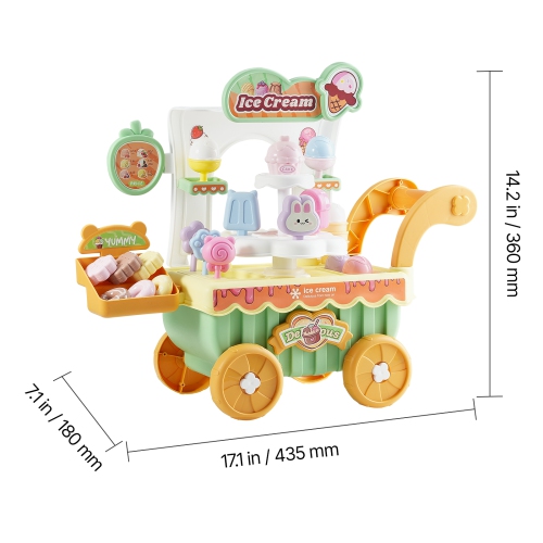 VEVOR 27 PCS Accessories Ice Cream Cart for Kids, Pretend Play Store with Storage Trolley with Pretend Money, Sound & Light Effects, Montessori
