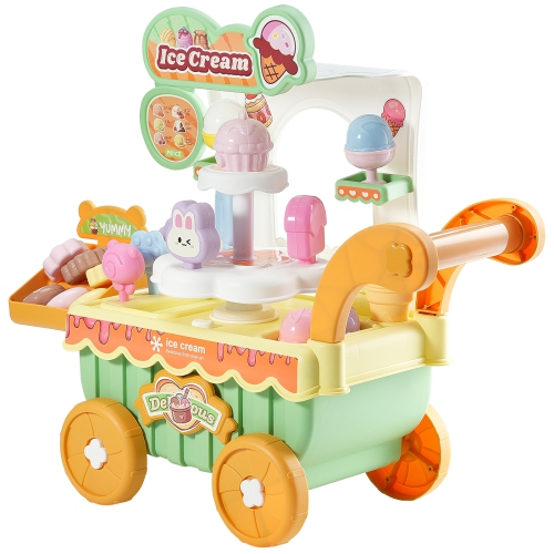 VEVOR 27 PCS Accessories Ice Cream Cart for Kids, Pretend Play Store with Storage Trolley with Pretend Money, Sound & Light Effects, Montessori