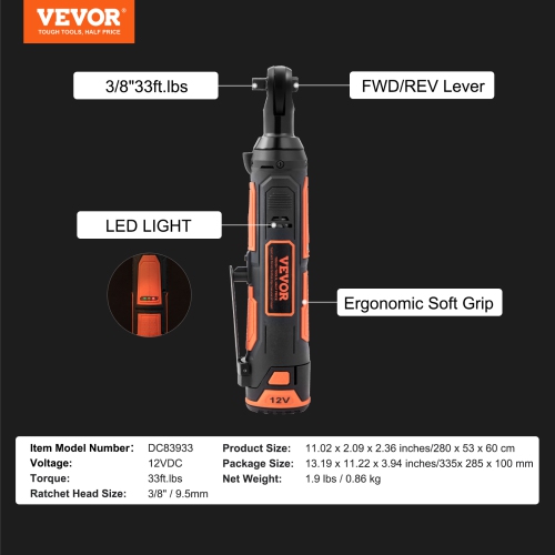 VEVOR 3/8" Cordless Electric Ratchet Wrench Set, 12V 33 Ft-lbs Power Ratchet Tool Kit,45-Min Fast Charge,2-Pack 2.0Ah Battery,Built-in LED