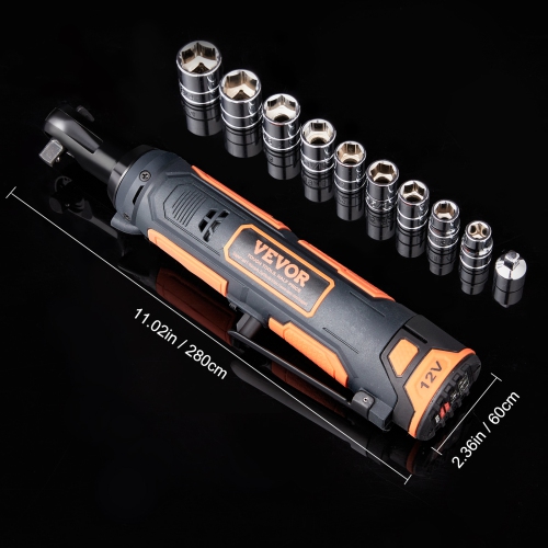 VEVOR 3/8" Cordless Electric Ratchet Wrench Set, 12V 33 Ft-lbs Power Ratchet Tool Kit,45-Min Fast Charge,2-Pack 2.0Ah Battery,Built-in LED