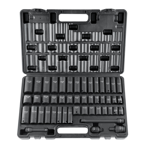 VEVOR 3/8" Drive Impact Socket Set, 48 Piece Socket Set SAE （5/16" -3/4"） & Metric （8-22mm）6 Point Cr-V Drive Extension Bar Universal Joint & Power