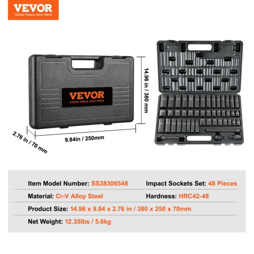 VEVOR 3/8" Drive Impact Socket Set, 48 Piece Socket Set SAE （5/16" -3/4"） & Metric （8-22mm）6 Point Cr-V Drive Extension Bar Universal Joint & Power