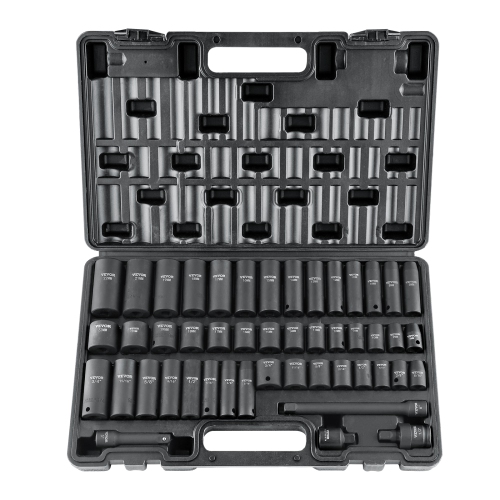 VEVOR 3/8" Drive Impact Socket Set, 48 Piece Socket Set SAE （5/16" -3/4"） & Metric （8-22mm）6 Point Cr-V Drive Extension Bar Universal Joint & Power