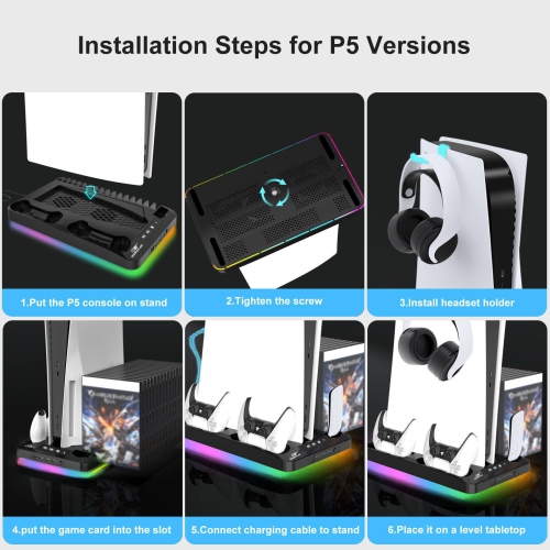 PS5 multi-function dock 4USB ports + Type-C fast charging and cooling + CD storage Elite accessories Ultra-thin bracket + cooling station RGB lights