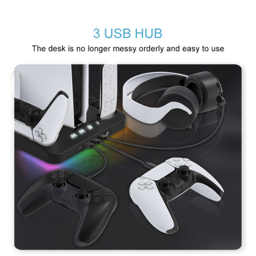 PS5 multi-function dock 4USB ports + Type-C fast charging and cooling + CD storage Elite accessories Ultra-thin bracket + cooling station RGB lights