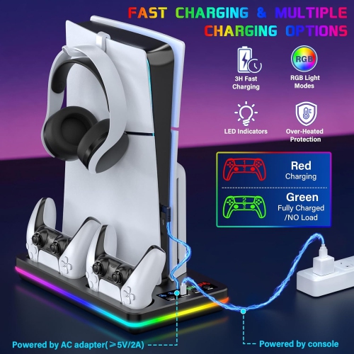 PS5 multi-function dock 4USB ports + Type-C fast charging and cooling + CD storage Elite accessories Ultra-thin bracket + cooling station RGB lights