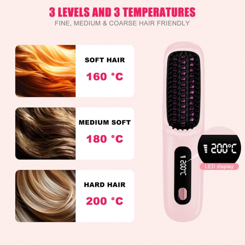 Cordless Hair Straightening Brush,Fast Heating 3 Temperature Setting Hair Straightener with LED Display,USB-C Rechargeable Hair Straightener Brush