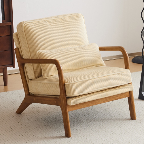 Karl Home – Fauteuil d'appoint en bois massif Mid Century, beige