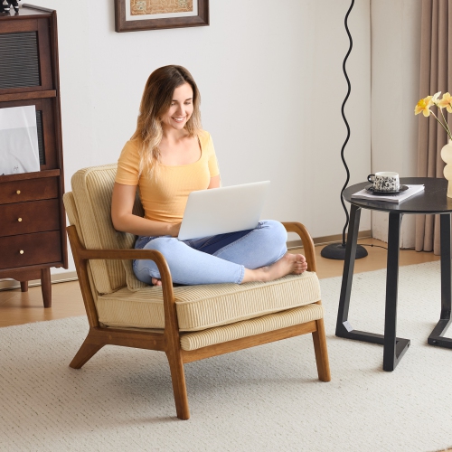 Karl Home – Fauteuil d'appoint en bois massif Mid Century, beige