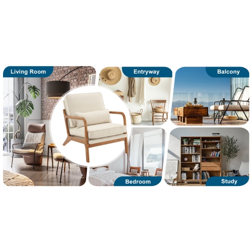 Karl Home – Fauteuil d'appoint en bois massif Mid Century, beige