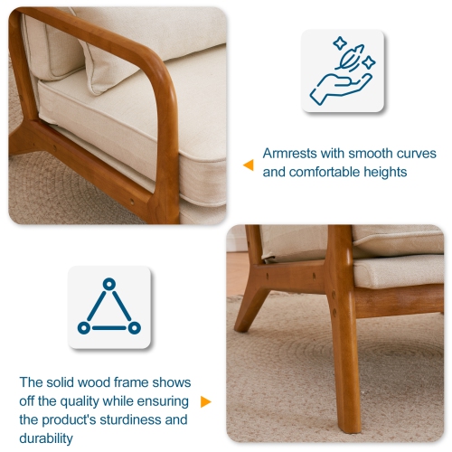 Karl Home – Fauteuil d'appoint en bois massif Mid Century, beige