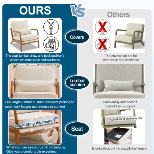 Karl Home – Fauteuil d'appoint en bois massif Mid Century, beige