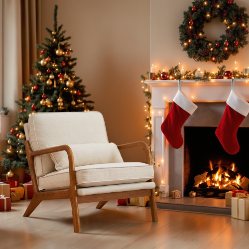 Karl Home – Fauteuil d'appoint en bois massif Mid Century, beige