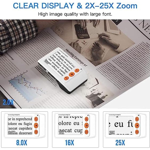 3.5-inch handheld auxiliary digital magnifier | 8 color modes | 2X-25X adjustable magnification | Portable reading aid | Suitable for students, the