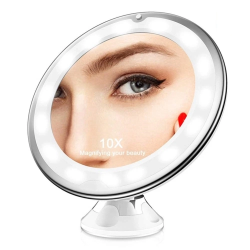 Miroir de maquillage lumineux à grossissement 10x avec ventouse à verrouillage électrique, miroir de toilette portatif sans fil pivotant à 360 degrés