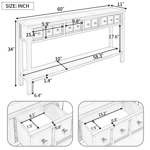 Console d'entrée rustique Kepooman, table de canapé de 60 po de long avec deux tiroirs de différentes tailles et tablette inférieure pour le