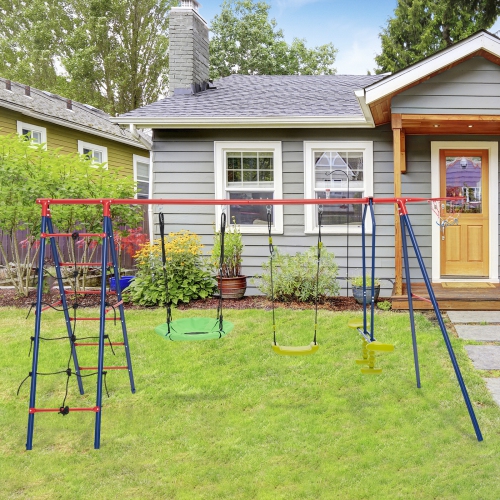Costway Swing Set for Backyard with 2 Height Adjustable Swings Glider Basketball Hoop