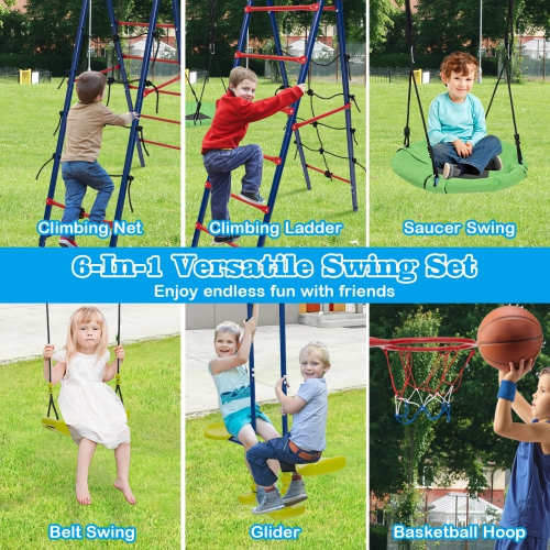 Costway Swing Set for Backyard with 2 Height Adjustable Swings Glider Basketball Hoop