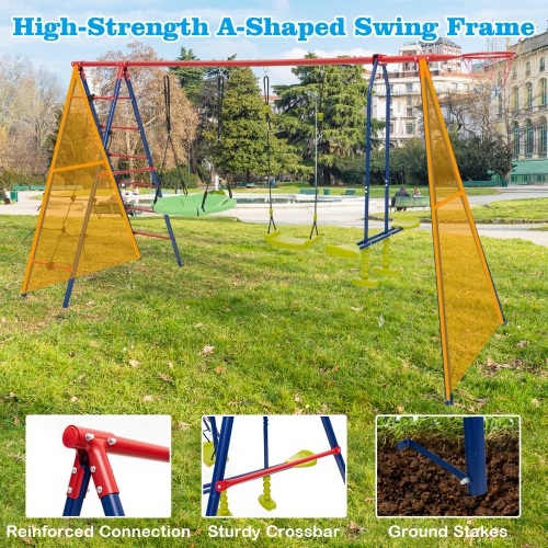 Costway Swing Set for Backyard with 2 Height Adjustable Swings Glider Basketball Hoop