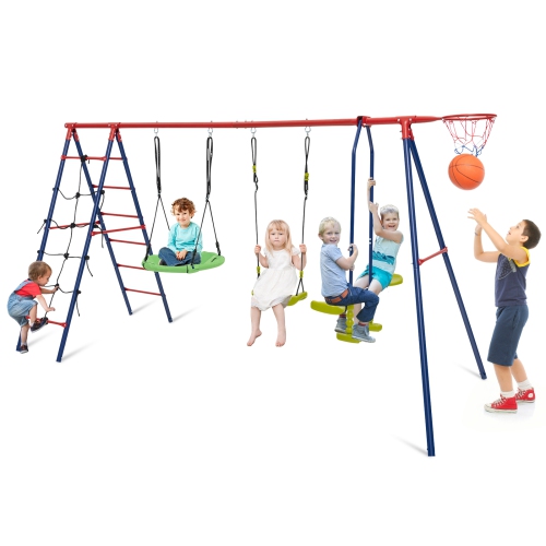 Costway Swing Set for Backyard with 2 Height Adjustable Swings Glider Basketball Hoop