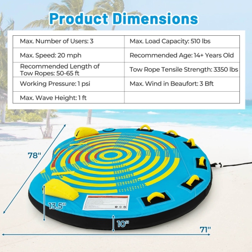 Costway Towable Tube for Boating 1-3 Person Inflatable Boat Tube for Youth & Adult