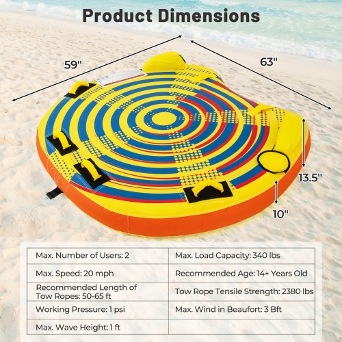 Costway Towable Tube for Boating 1 or 2 Person Inflatable Boat Tube for Youth & Adult Yellow