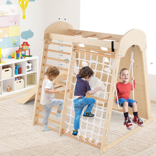 Parc intérieur 8-en-1 Jungle Gym en bois avec mur d'escalade, filet et échelle de Costway