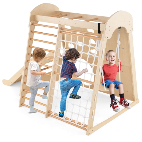 Parc intérieur 8-en-1 Jungle Gym en bois avec mur d'escalade, filet et échelle de Costway