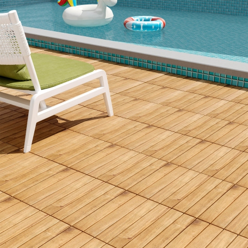 Costway 30 PCS Acacia Wood Flooring Tiles 12" x 12" Snap-in-place Patio Tiles for Porch
