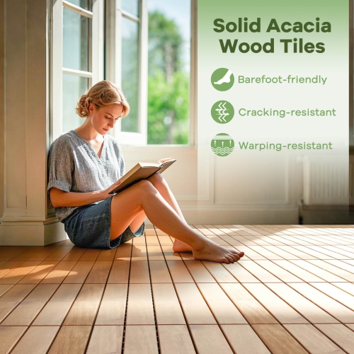Costway 30 PCS Acacia Wood Flooring Tiles 12" x 12" Snap-in-place Patio Tiles for Porch