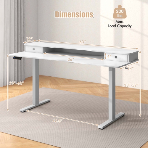 Costway 63" x 24" Electric Standing Desk with 2 Drawers Monitor Stand Storage Shelf Brown/Black/White