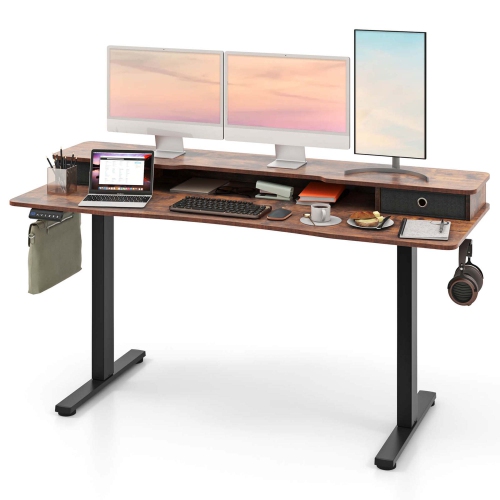 Costway 63" x 24" Electric Standing Desk with 2 Drawers Monitor Stand Storage Shelf Brown/Black/White