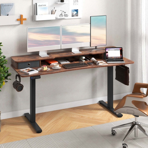 Costway 63" x 24" Electric Standing Desk with 2 Drawers Monitor Stand Storage Shelf Brown/Black/White