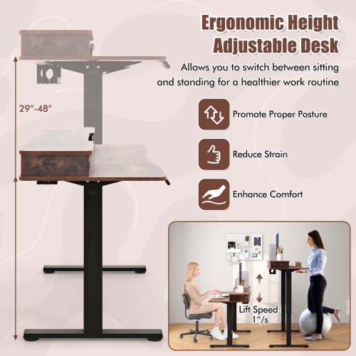 Costway 63" x 24" Electric Standing Desk with 2 Drawers Monitor Stand Storage Shelf Brown/Black/White