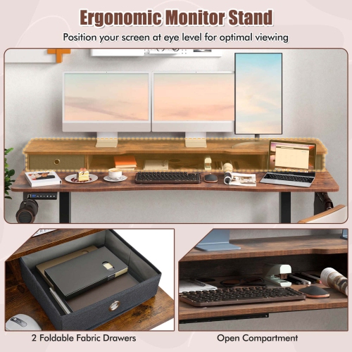 Costway 63" x 24" Electric Standing Desk with 2 Drawers Monitor Stand Storage Shelf Brown/Black/White